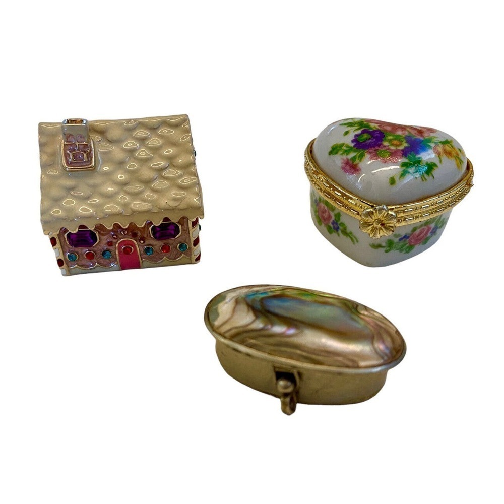 Vintage Antique Flower Rhinestones Opal Christmas Silver Gold 3 Mini Pill Boxes